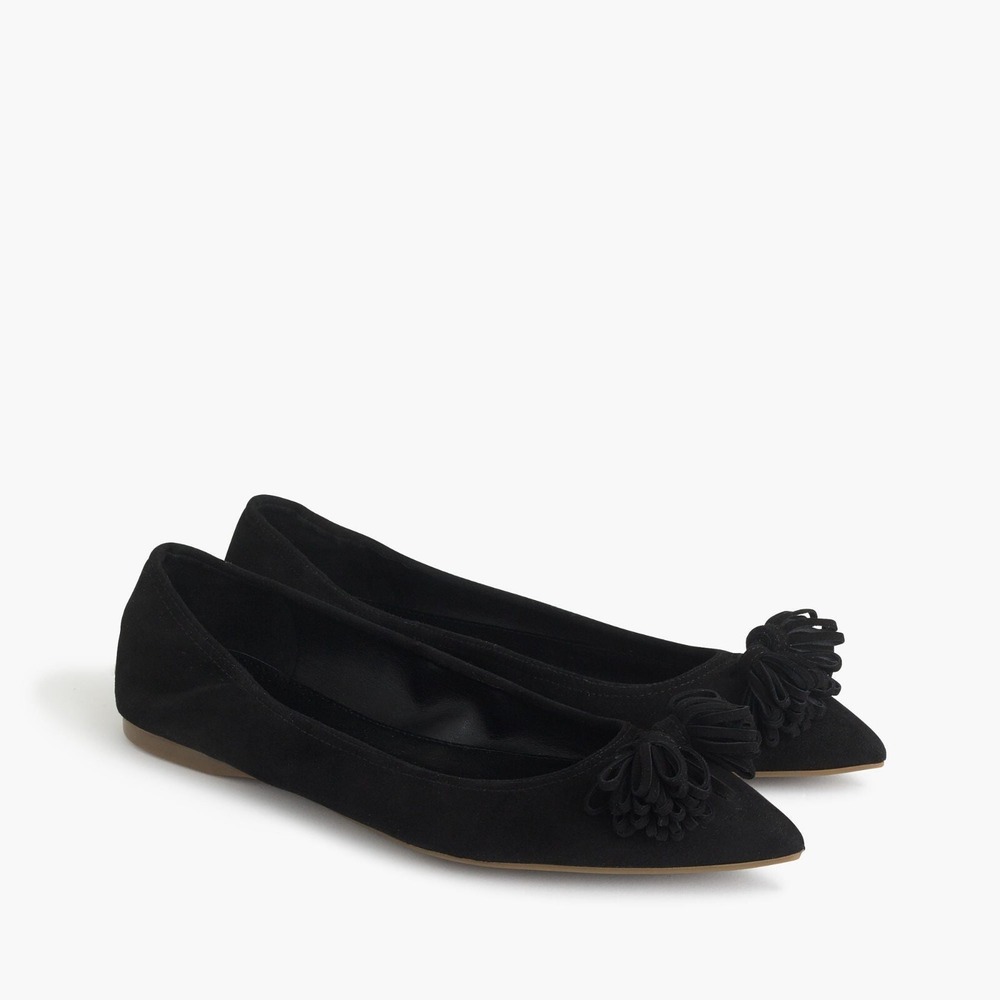 New J Crew Lottie Tassel Suede Pointy Toe Ballet Flats Shoes 6.5 Black